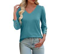 Eauptffy T-shirt d'été pour femme - Manches 3/4 - Élégant - Couleur unie - Décontracté - En coton - Tunique - Pour femme, O bleu., S