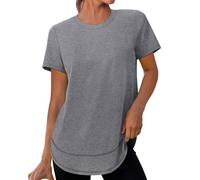 Eauptffy T-shirt long à manches courtes pour femme - En coton - Confortable et doux - Manches courtes - Décontracté - Col rond, O gris., S