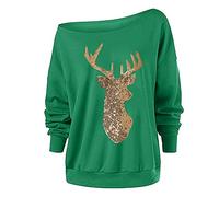 Eauptffy Weihnachtspullover Damen Pull Weihnachts Schulterfrei Langarmshirt Basic Weihnachtspulli Pulli ohne Kapuze Y2k Lockerer Gemütlich Sportshirt Weihnachts-Pullover Weihnachtskleidung, Grün, XL