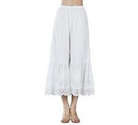 EAUTELICATE Capri Pantalon De Pyjama Femme Été Jupon sous-Jupe en 100% Coton Vintage Pantacourt Longue Ample Évasé à La Maison avec Dentelle Ivoire, S