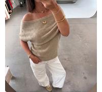 EAVA French Chic Automne Top Tricot Avoine: Élégant Pull-over Manches Courtes Chauve-Souris Épaules Dénudées L,M,SUnicoloreTricots