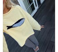 EAVA French Chic Pull Automne Jaune : Top Tricot Mignon avec Graphique de Poisson Jaune Beurre et Bord Roulé L,M,SNoëlTricots