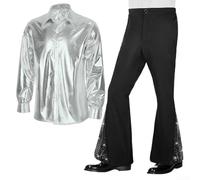 Eawfgtuw Costume disco des années 70 pour homme - Chemise brillante à paillettes et pantalon évasé - Tenue 2 pièces - Style hippie - Pour fête de carnaval - Taille S - Argenté