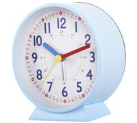 Eawfgtuw Réveil en métal lumineux à quartz silencieux avec veilleuse et affichage 24 heures, design rond de 10 cm pour chambre à coucher, table de chevet, bureau ou voyage (bleu peu profond)