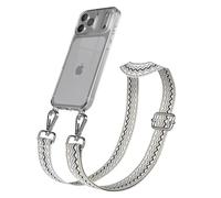 EAZY CASE Chaîne de téléphone portable - Bandoulière réglable compatible avec iPhone 17 Pro Max, cordon de téléphone portable avec coque en silicone, sac à bandoulière, Beige Bleu Argent