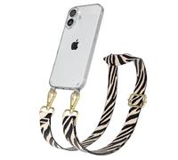 EAZY CASE Chaîne de téléphone portable - Sangle réglable compatible avec iPhone 16 - Bandoulière - Cordon pour téléphone portable avec coque en silicone - Sac à bandoulière - Zèbre - Noir/beige/métal