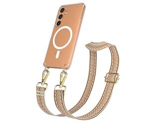 EAZY CASE - Chaîne Universelle pour téléphone Portable Compatible avec Galaxy S24, bandoulière, Cordon Ajustable, Compatible avec la Charge Qi, Vague - Beige Marron Métallique Or