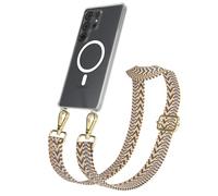 EAZY CASE - Chaîne Universelle pour téléphone Portable Compatible avec Galaxy S25 Ultra, bandoulière, Cordon Ajustable, Compatible avec la Charge Qi, Zigzag - Brun Clair Brun Métal Or
