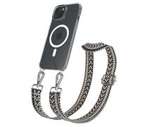 EAZY CASE - Chaîne Universelle pour téléphone Portable Compatible avec iPhone 15, bandoulière, Cordon Ajustable, Compatible avec la Charge Qi, Zigzag - Gris Noir Métal Argent