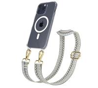 EAZY CASE - Chaîne Universelle pour téléphone Portable Compatible avec iPhone 15 Pro Max, bandoulière, Cordon Ajustable, Compatible avec la Charge Qi, Vague - Beige Bleu Métallique Or