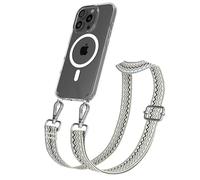 EAZY CASE - Chaîne Universelle pour téléphone Portable Compatible avec iPhone 16 Pro, bandoulière, Cordon Ajustable, Compatible avec la Charge Qi, Vague - Beige Bleu Métallique Argent