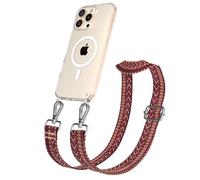 EAZY CASE - Chaîne Universelle pour téléphone Portable Compatible avec iPhone 16 Pro Max, bandoulière, Cordon Ajustable, Compatible avec la Charge Qi, Zigzag - Rouge Brun Métal Argent