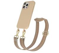 EAZY CASE - Coque avec Sangle Compatible avec iPhone 16 Pro étui de téléphone en Silicone, chaîne de téléphone à Porter Autour du Cou, Coque 2en1 Vague - Beige Marron Métallique Or
