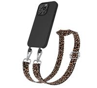 EAZY CASE - Coque avec Sangle Compatible avec iPhone 16 Pro étui de téléphone en Silicone, chaîne de téléphone à Porter Autour du Cou, Coque 2en1 Léopard - Noir Marron Métallique Argent