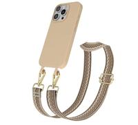 EAZY CASE - Coque avec Sangle Compatible avec iPhone 16 Pro étui de téléphone en Silicone, chaîne de téléphone à Porter Autour du Cou, Coque 2en1 Vague - Marron Clair Marron Métallique Or
