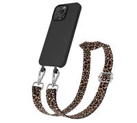 EAZY CASE - Coque avec Sangle Compatible avec iPhone 16 Pro Max étui de téléphone en Silicone, chaîne de téléphone à Porter Autour du Cou, Coque 2en1 Léopard - Noir Marron Métallique Argent
