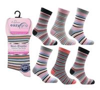 Eazy Grip Socks Lot de 6 paires de chaussettes non élastiques pour femme en coton majoritaire et confortable pour soutien de la circulation - Taille 37-42, rayures assorties