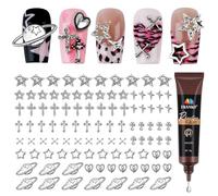 EBANKU 100PCS Breloques Argentées pour ongles, 3D Décoratives Y2K Styles Étoile Cœur Planète Croix Nail Charm Set avec 15g Colle pour Strass pour Ongles, Bijoux Ongles Nail Art (10 Styles)