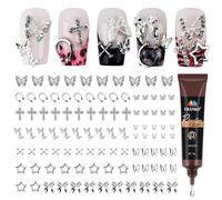 EBANKU 100PCS Breloques Argentées pour ongles, 3D Décoratives Y2K Styles Papillon Nœud Étoile Croix Nail Charm Set avec 15g Colle pour Strass pour Ongles, Bijoux Ongles Nail Art (10 Styles)