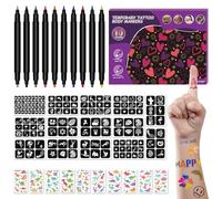 EBANKU 10PCS Stylo de tatouage temporaire, marqueurs de tatouage corporel pour la peau Stylo de tatouage à double pointe avec 14 pochoirs de tatouage et 10 autocollants de dinosaures pour les enfants