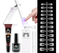 EBANKU Capsule Americaine Ongle Kit, 120P Short Amande Capsule Americaine Ongle Kit Avec Colle Faux Ongles Solide, Base Coat, Mini Lampe à Ongles UV, Gel Nail Extension Kit