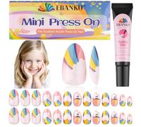EBANKU Lot de 26 ongles press-on pour enfants, ensemble de pointes d'ongles en acrylique de couverture complète arc-en-ciel avec colle à ongles, ongles courts artificiels pour filles