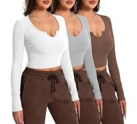 EBANKU Lot de 3 Hauts Courts Sexy à Manches Longues pour Femme avec col en V et côtelé Coupe ajustée Hauts Basiques décontractés