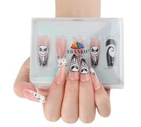 EBANKU Lot de 32 faux ongles roses pour Halloween, longs cercueils à pression, mignons fantômes, style français, couverture complète en acrylique, à coller sur les ongles