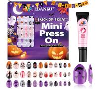 EBANKU Lot de 72 faux ongles à presser pour Halloween - Motif chauve-souris et citrouille - Avec colle à ongles pour fille
