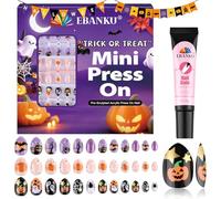 EBANKU Lot de 72 faux ongles d'Halloween pour enfants - En forme d'amande - Couverture complète - Motif citrouille orange - En acrylique - Avec colle à ongles pour filles