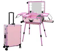 EBANKU Rolling Maquillage Valise, 24 Pouces Coffre à Maquillage Professionnel avec Miroir Éclairé et Bluetooth, Trolley à Bijoux et Cosmétique pour Coiffeurs Maquilleurs (Rose)
