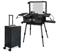 EBANKU Rolling Maquillage Valise, 24 Pouces Coffre à Maquillage Professionnel avec Miroir Éclairé et Bluetooth, Trolley à Bijoux et Cosmétique pour Coiffeurs Maquilleurs (Noir)