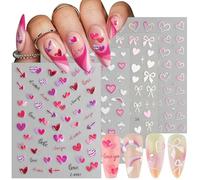 EBANKU Saint Valentin Stickers Ongles, 4 Feuilles Nail Art Autocollants Ongles Autoadhésif 5D Cœur Nœud Papillon Design Multicolore Nail Art Stickers pour Bricolage Autocollant à Ongles