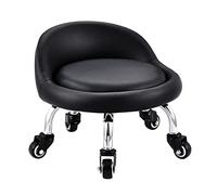 EBANKU Tabouret Bas avec Roues, Mini Tabouret à roulettes Pied Bas, Dossier Simili Cuir Siège Faible Métal Piétement, 360° Banc Rond en Cuir avec 5 Roues pour Le Bureau à Domicile ou Le Fitness(Noir)