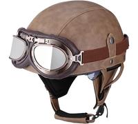 EBAYIN Casque Moto Vintage Casque De Protection en Cuir Casque Bol Homme Homologué ECE Casques Jet avec Lunettes à DéGagement Rapide Casque Scooter Homme(T,L=(59~60cm))