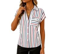 EBAYWSIH Women Summer Short Sleeve Button Down Shirt Vertical Striped Blouse Contrast Pocket Casual Business Casual Top for Work Office Vacation