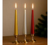 EbenEzer Lot de 12 bougies coniques de Noël - Finition lisse (rouge, argent et or) | Décoration de Noël élégante pour table ou cheminée | Lot de 12 bougies décoratives pour Noël