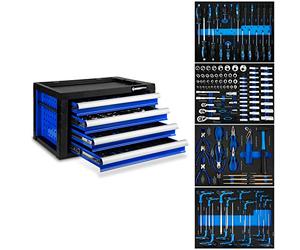EBERTH Caisse à Outils Pleine, 135 pièces, Armoire à Outils métallique avec 4 tiroirs, Rails télescopiques, Extension Totale, verrouillable, boîte à Outils équipée, revêtement par Poudre Bleu foncé