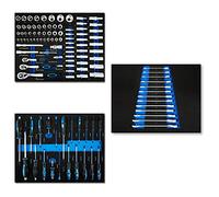 EBERTH Set d'outils multitâches 114 pièces Pour servante d'atelier, inserts d'outils étiquetés en mousse, Pour 3 tiroirs, Equipement automobile et d'atelier professionnel, bleu
