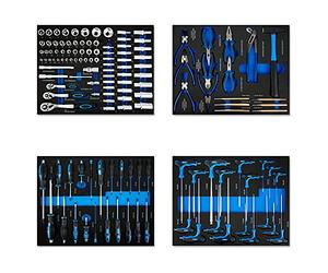 EBERTH Set d'outils pour servante d'atelier (134 pièces, carbure de tungstène, poignées ergonomiques, inserts d'outils étiquetés en mousse, optimal pour l'atelier automobile et professionnel, bleu)
