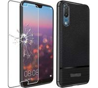 - Coque Huawei P20 Etui Housse Silicone TPU Souple Anti-Choc Motif Cuir Anti-dérapante, Noir + Film protection écran en VERRE Trempé [Dimensions