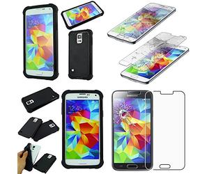 ebestStar - Coque Compatible avec Samsung S5 G900F, Galaxy S5 New G903F Neo Etui Housse Duo Bi-Couches Silicone et Polycarbonate, Noir +Film écran en Verre Trempé [Appareil:142 x 72.5 x 8.1mm, 5.1'']