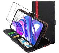 - Coque Honor 9X, 9X Pro Etui Portefeuille Housse PU Cuir Porte-Cartes Support Stand, Noir / Rouge & Film protection écran VERRE Trempé [Dimensions