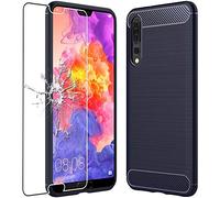 - Coque Huawei P20 Pro Housse Etui Gel Motif Fibre Carbone Luxe Flex TPU Premium, Bleu Foncé + Film protection écran en VERRE Trempé [Dimensions
