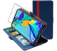 Etui Portefeuille pour Huawei P30 PU Cuir Porte-Cartes Support Stand, Bleu Foncé / Rouge + Film VERRE Trempé
