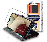 ebestStar - Coque pour Samsung Galaxy A12 SM-A125F, Etui Portefeuille Protection, Housse Pochette PU Cuir Porte Carte, Noir/Rouge + Verre Trempé