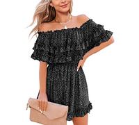 Ebifin Mini robe d'été décontractée à volants et épaules dénudées pour femme - Motif floral, Noir , L