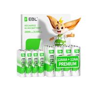 EBL 24PCS AA et AAA Piles Rechargeables, avec 12PCS AA Piles 2800mAh et 12PCS AAA 1100mAh NIMH 1.2V, Pré-chargée Piles Rechargeables, et Auto-decharge Faible