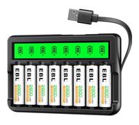 EBL 8PCS Piles Rechargeables AA 2800mAh+ LCD Chargeur de Piles Rechargeables, avec Ports d'Entrée USB et Port Micro USB, pour AA/AAA/Ni-MH Piles