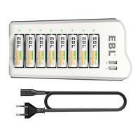 EBL Chargeur de Piles Rechargeables + 8PCS Piles AA Rechargeables Puissantes, avec 2 USB Ports pour Accus AA/AAA/Ni-MH et Smartphone, Tablette